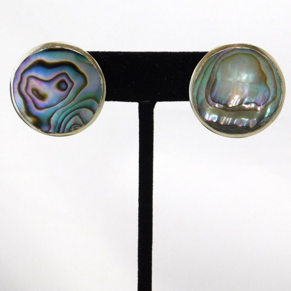 Mexican Pierced Earrings Alpaca Silver Vintage Abalone Shell Retro Paua